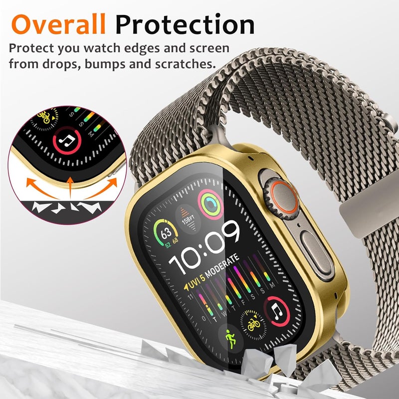Amizee Metal Case Compatible with Apple Watch Ultra 3/2/1 49mm Case with Built-in Screen Protector, Straight Edge Ultra Thin with Back Cover Protective Cover for iWatch 49mm, Gold - Image 3